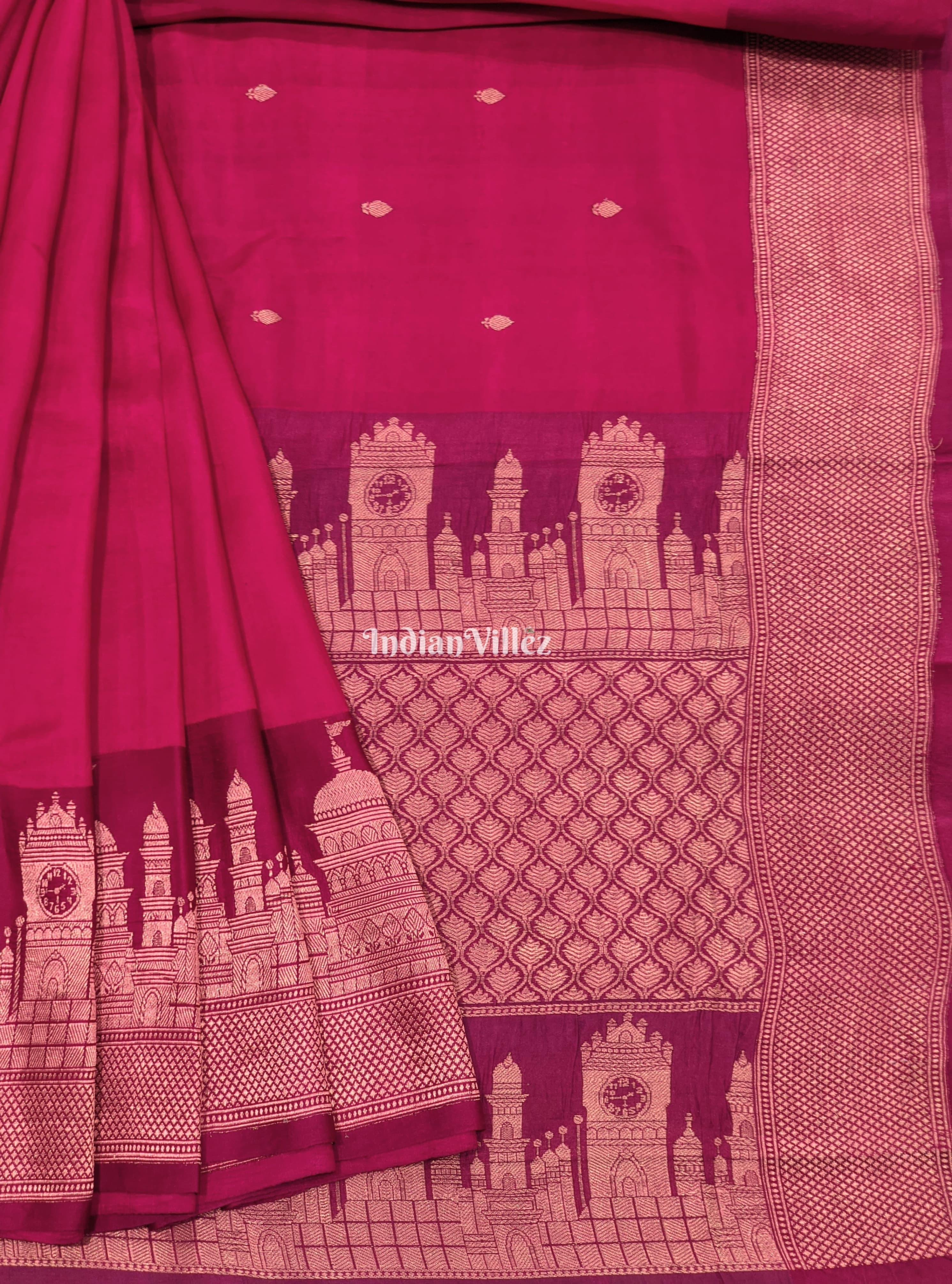 Rani Banarasi Katan Silk Saree Inspired by Big Ben, London & United States Capitol, Washington DC