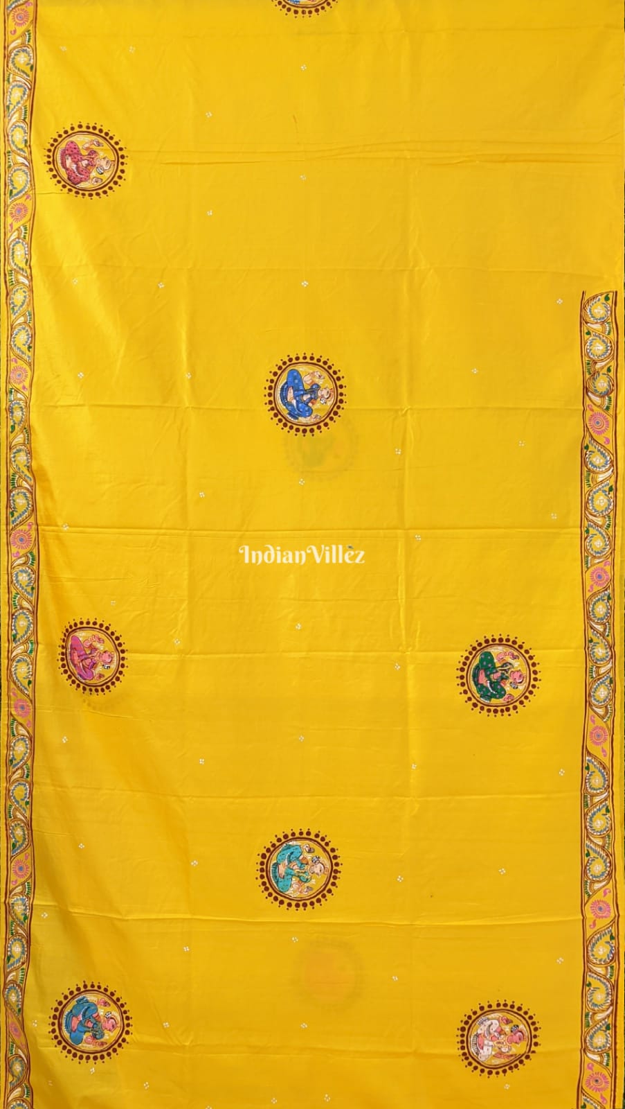 Yellow Krishna Rasa Leela Pattachitra Silk Saree