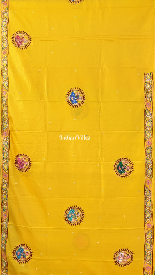 Yellow Krishna Rasa Leela Pattachitra Silk Saree