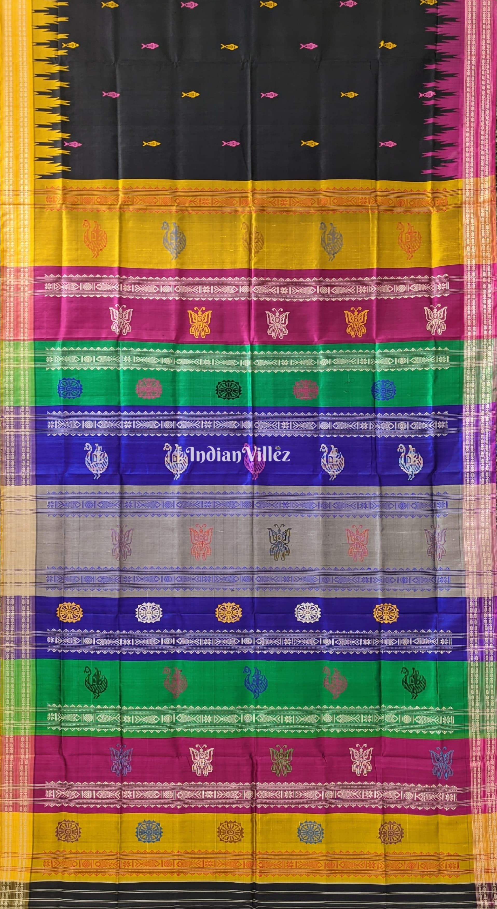 Black with Multicolor Double Pallu Phoda Kumbha Fish Motif Berhampuri Silk Saree