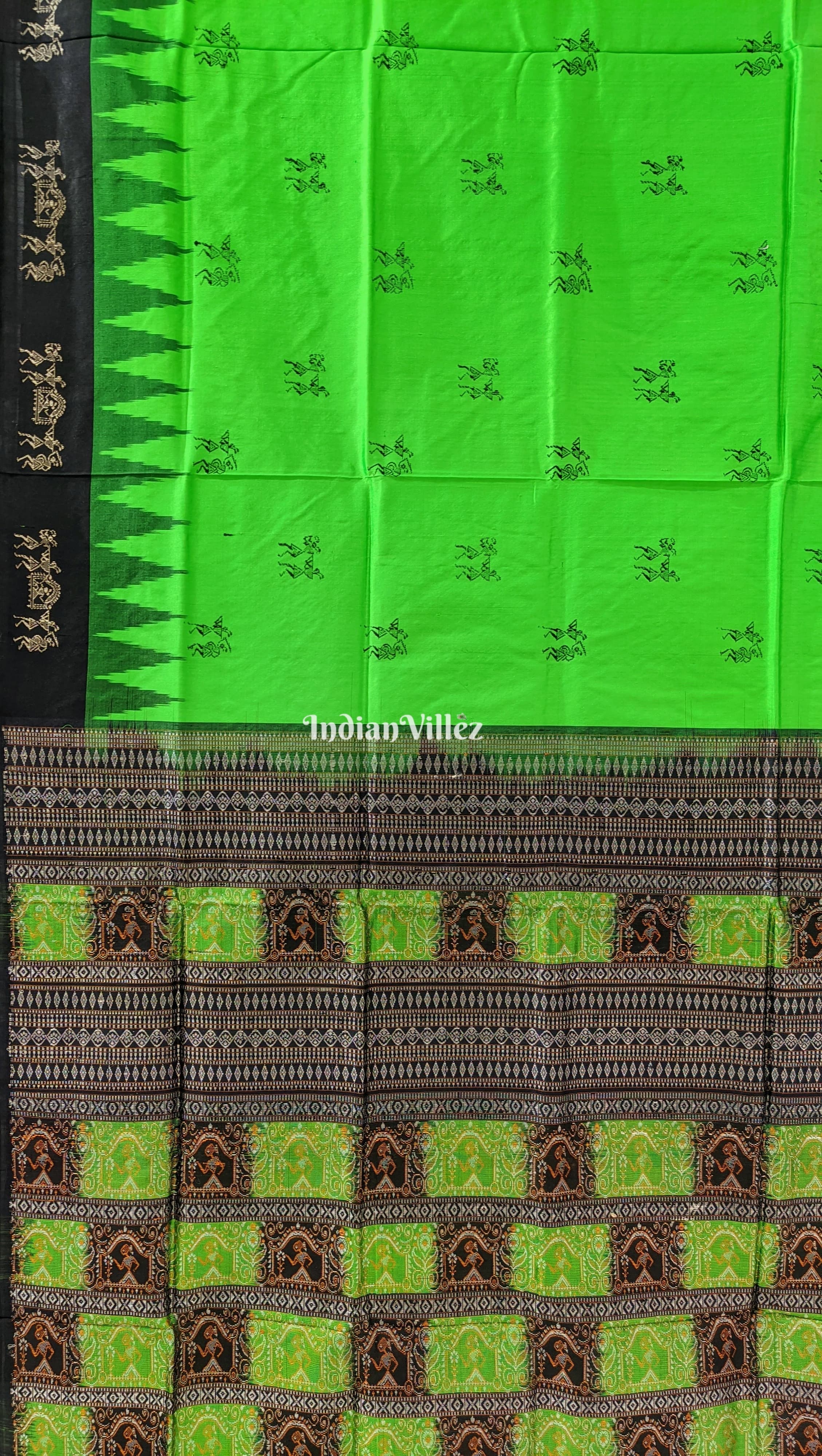 Parrot Green Doli Sawari Theme Sambalpuri Bomkai Silk Saree