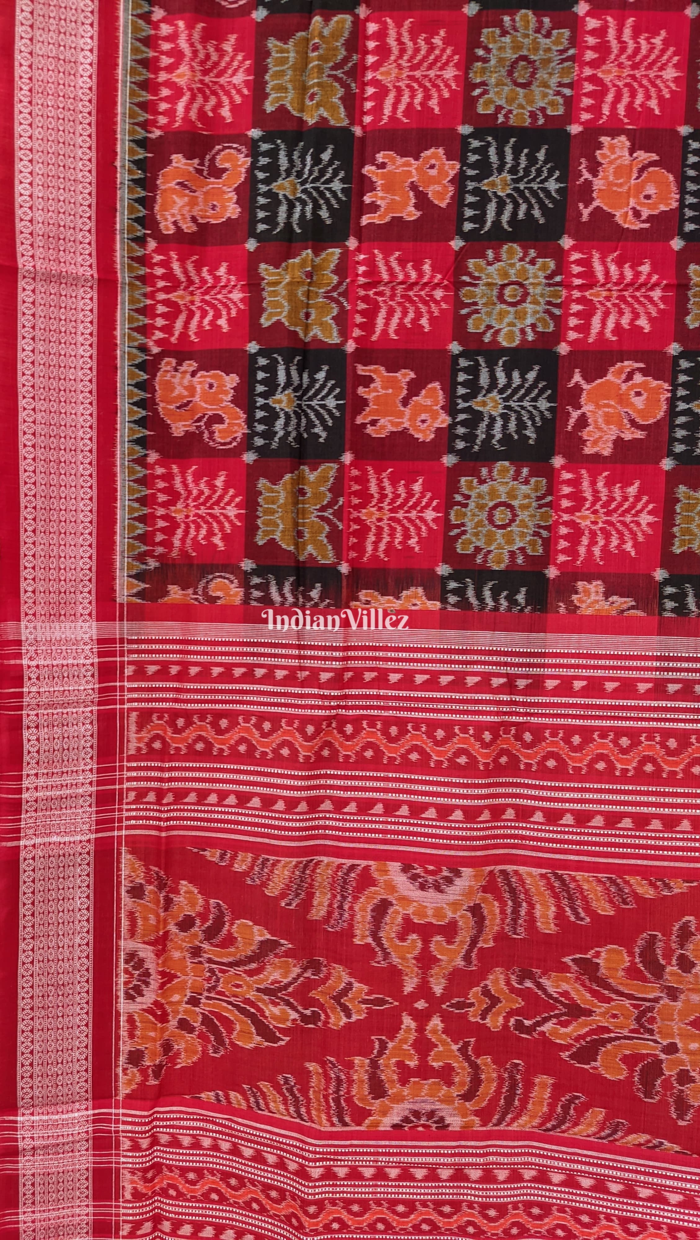 Red with Multicolored Kothi Sambalpuri Ikat Cotton Saree