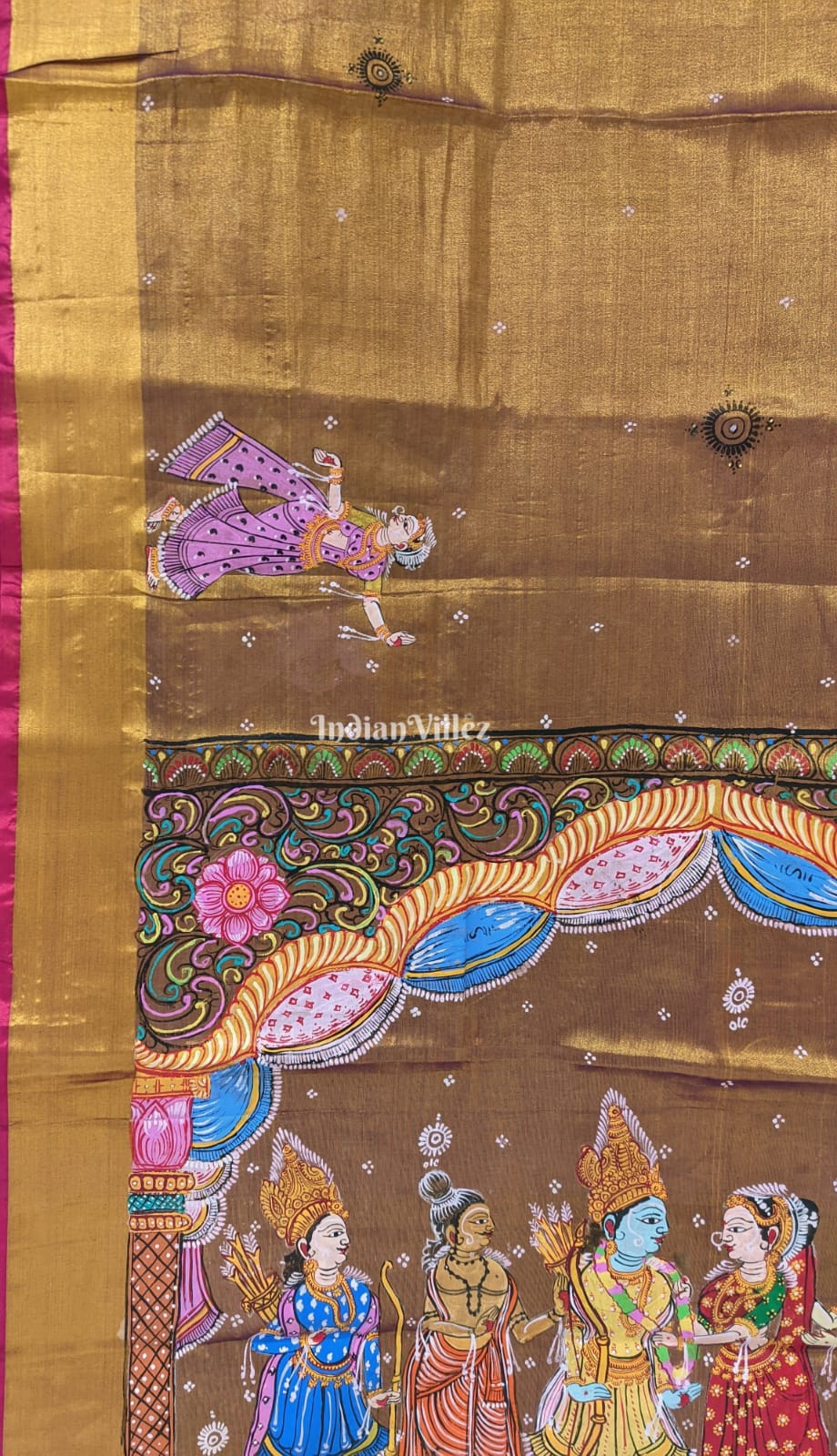 Golden Ramayana Rama Sita Pattachitra Art on Kerala Tissue Saree