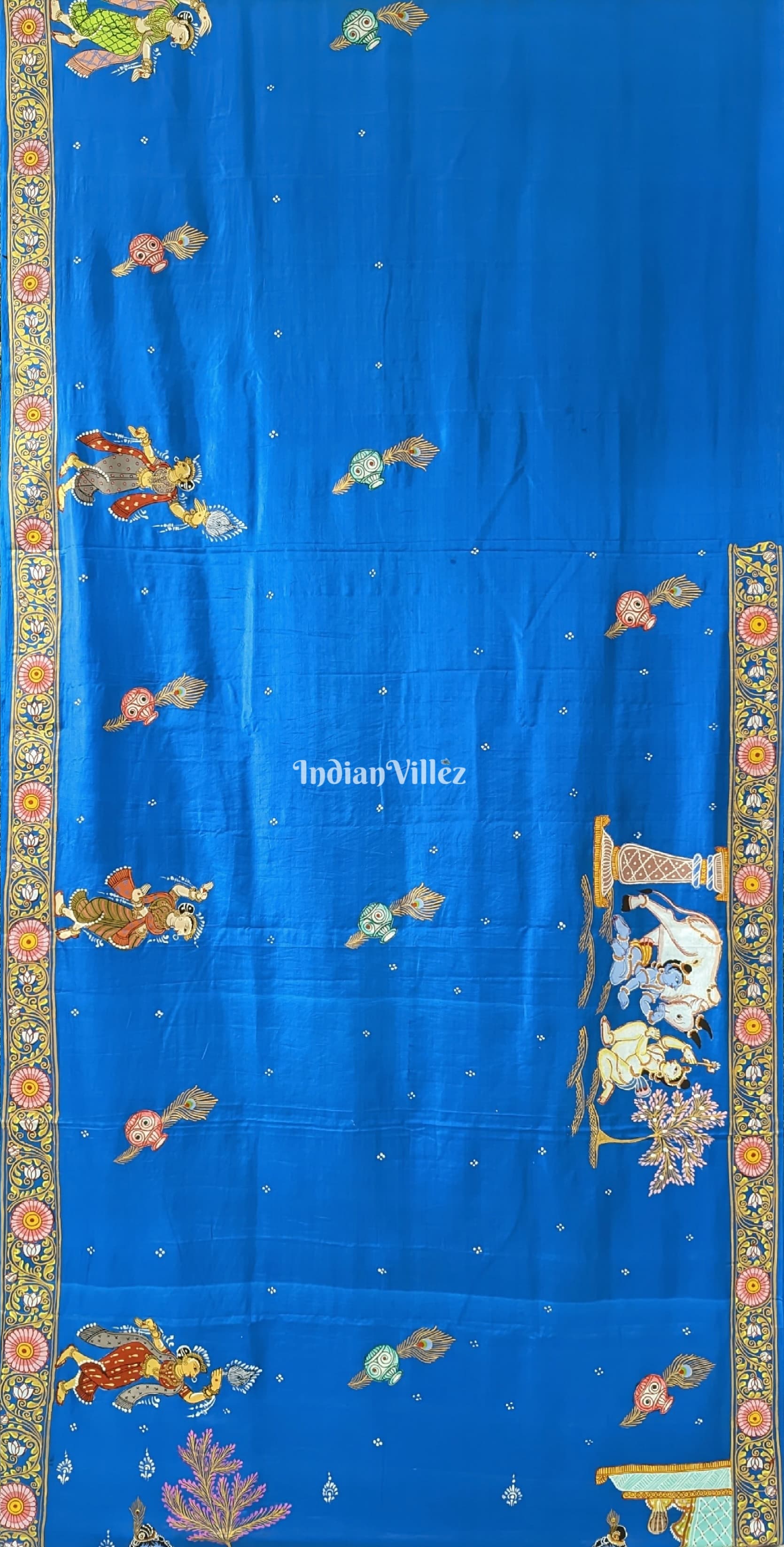 Peacock Blue Krishna Janmashtami Theme Pattachitra Silk Saree