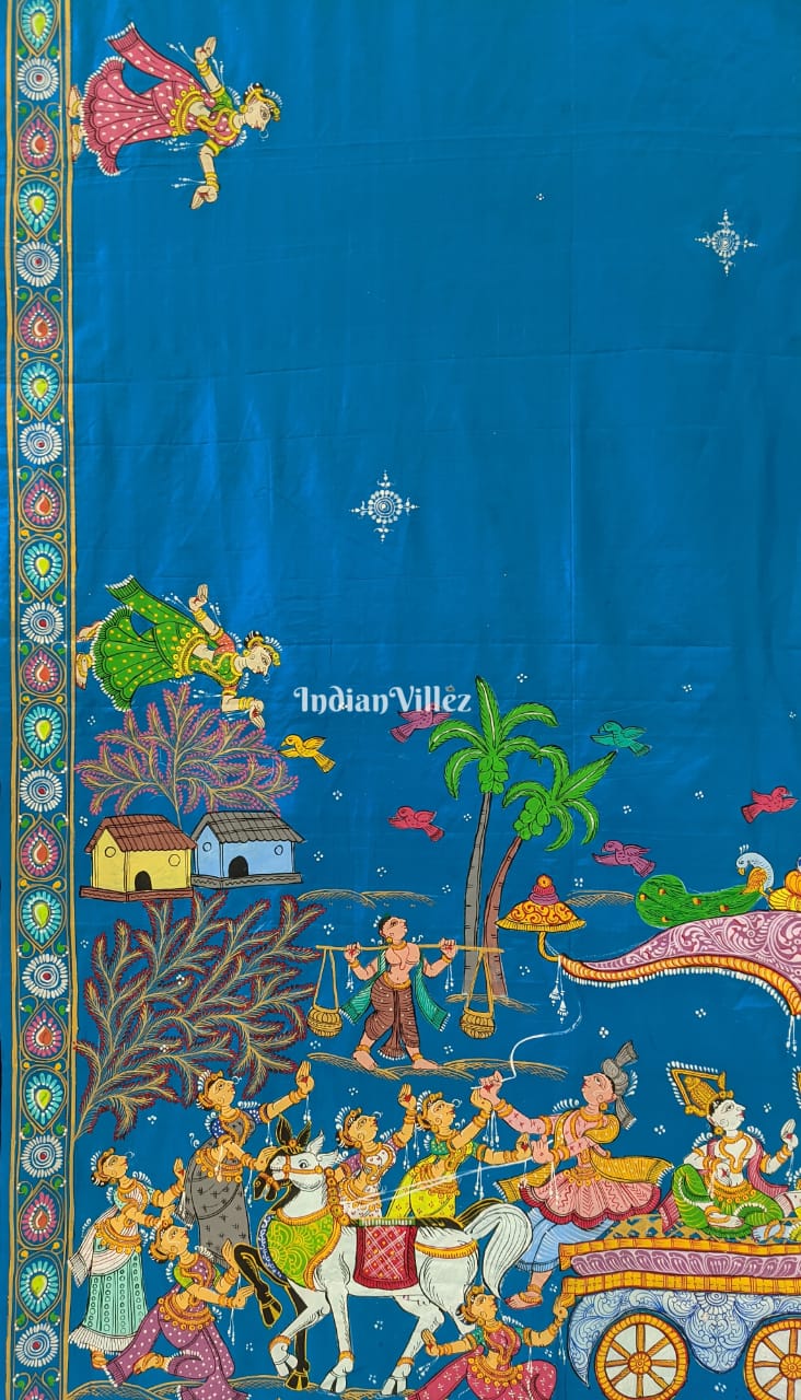 Blue Hand-Painted Pattachitra Silk Saree