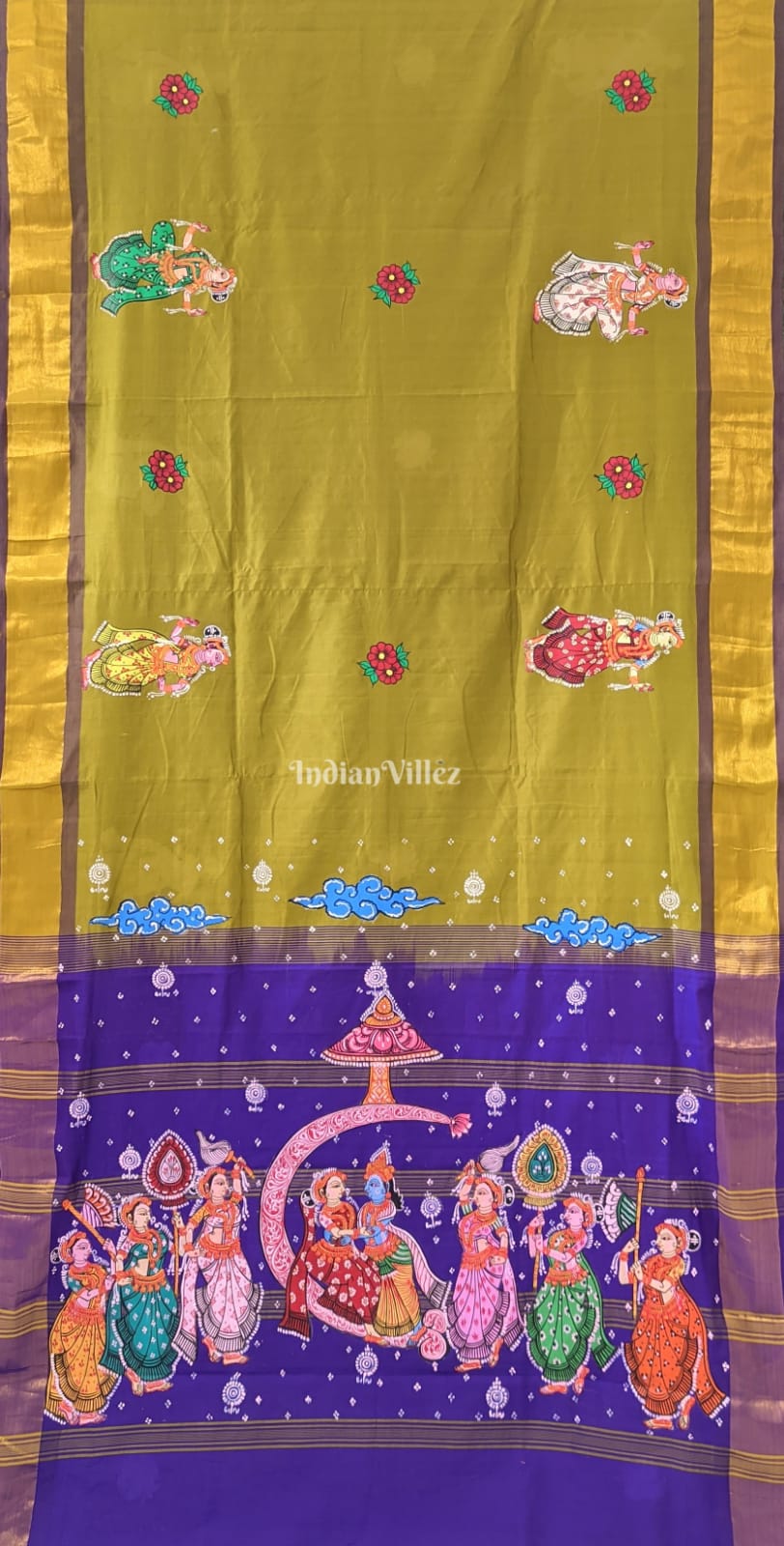 Mehendi Green Blue Radha Krishna Pattachitra Art on Kerala Silk Saree