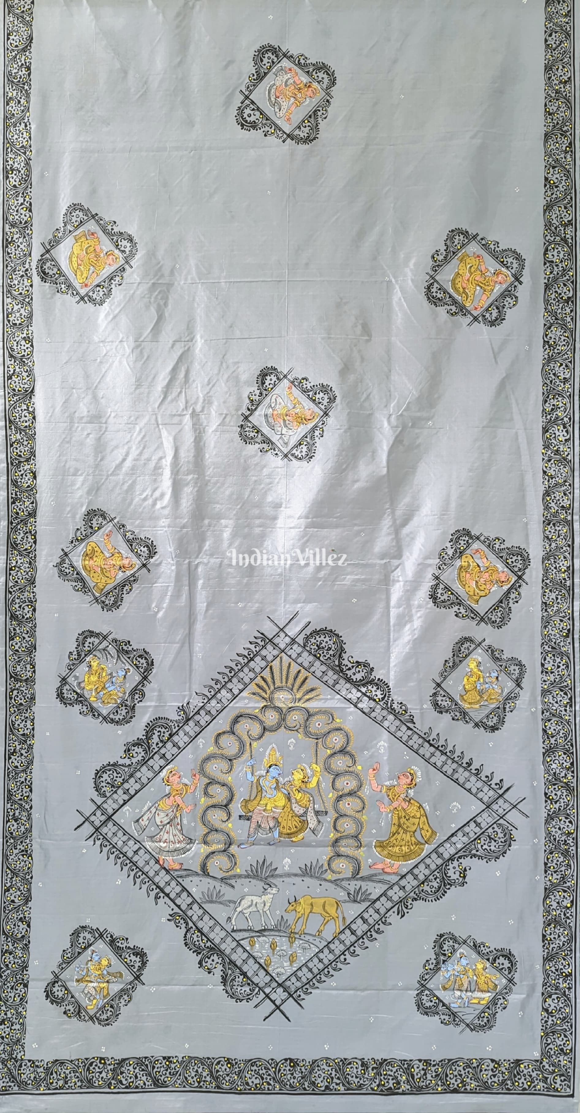 Gray Radha Krishna Pattachitra Silk Saree
