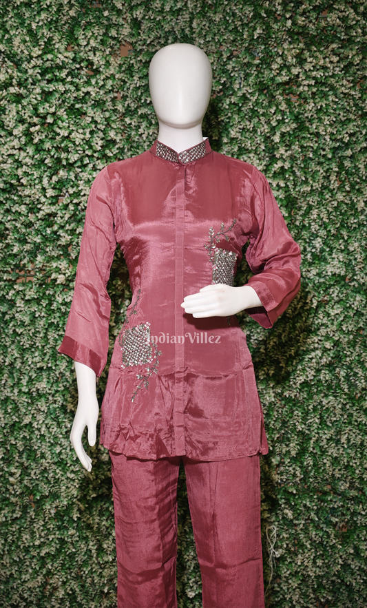 Designer Rust Maroon Embroidery Kurta & Pant Set-(Co-Ords Set) 