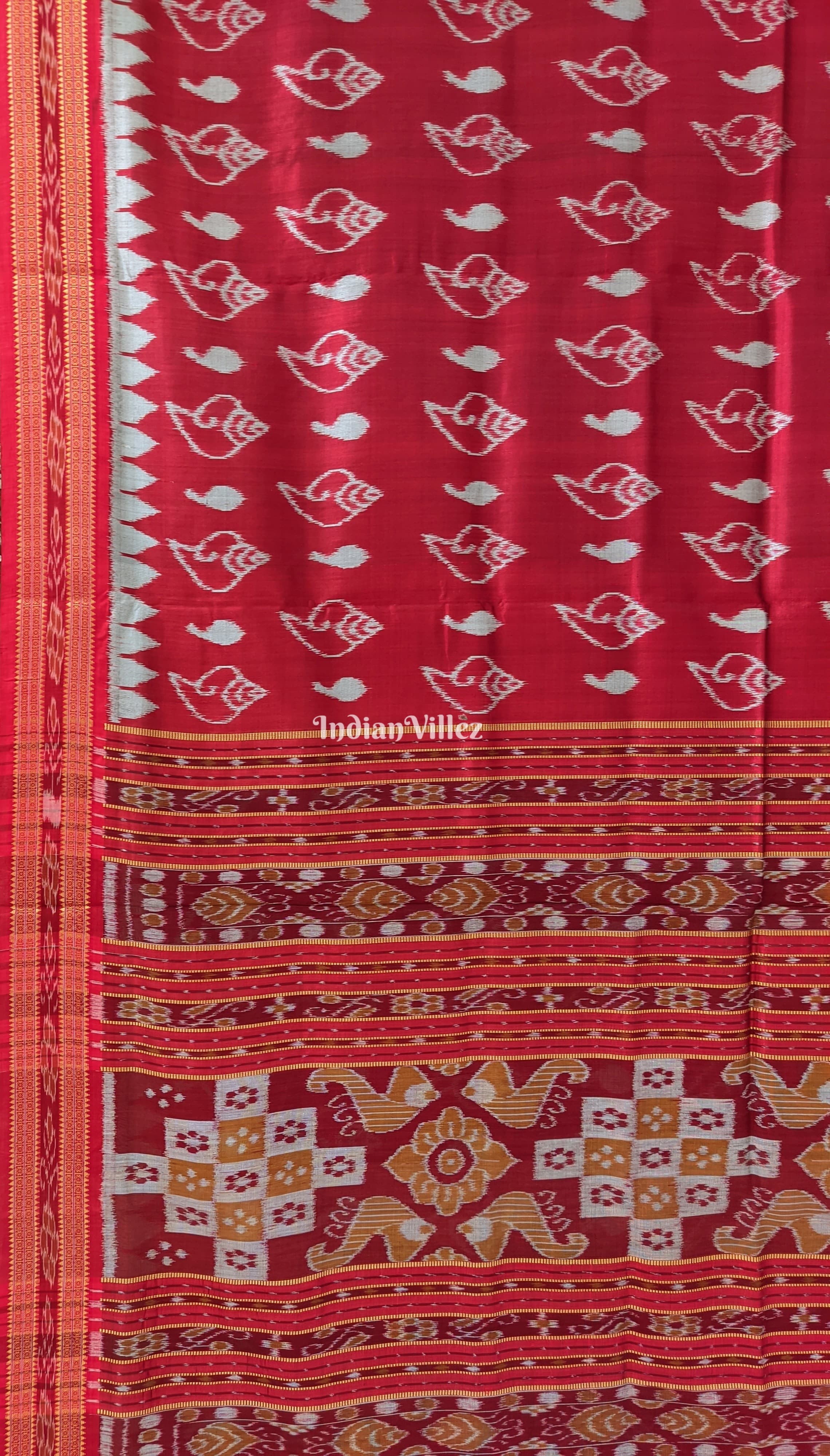 Red Shankha Design & Pasapali Aachal Khandua Silk Saree