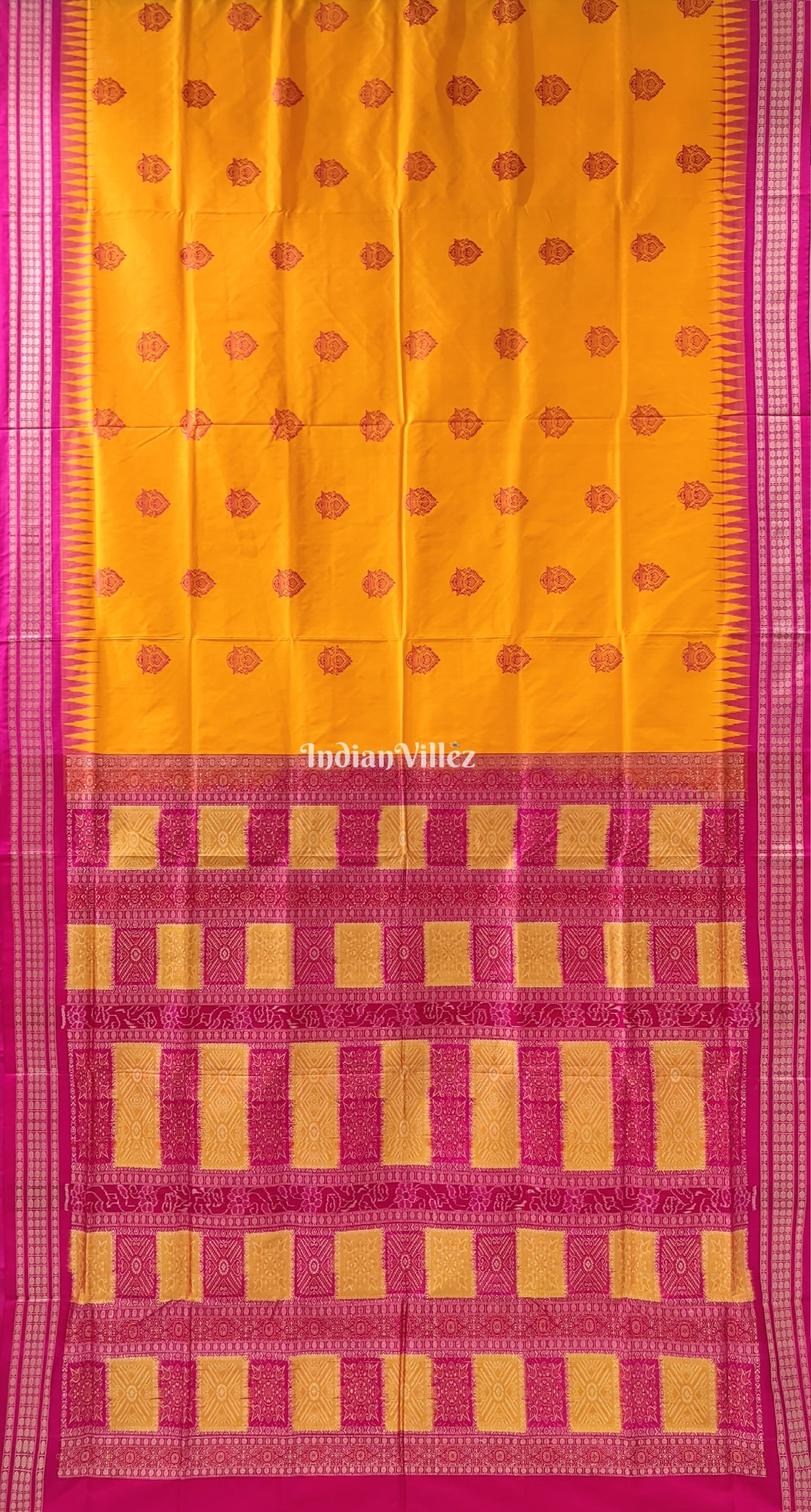 Yellow Pink Sambalpuri Bomkai Silk Saree