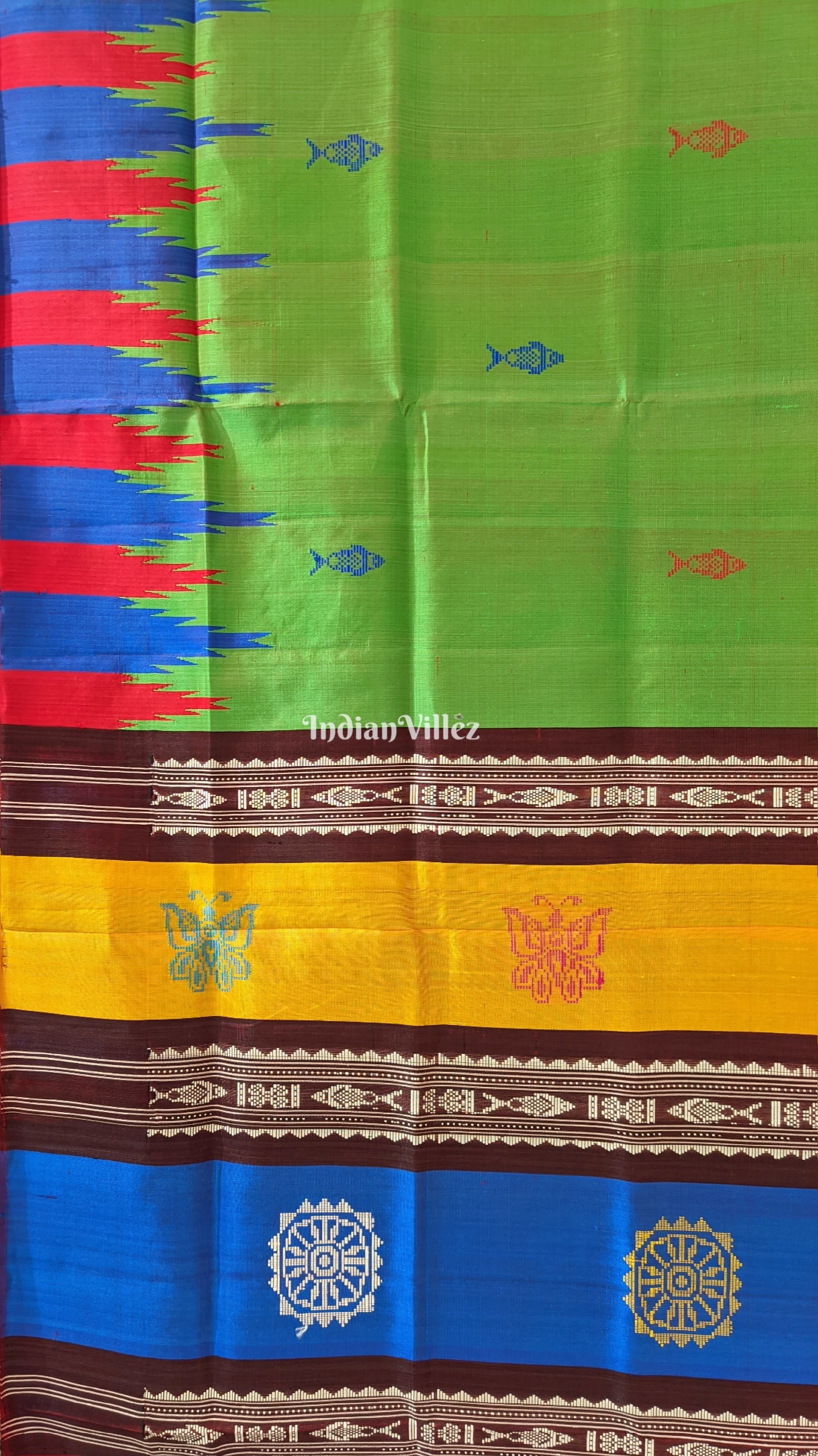 Green Fish Motif Double Pallu Berhampuri Silk Saree