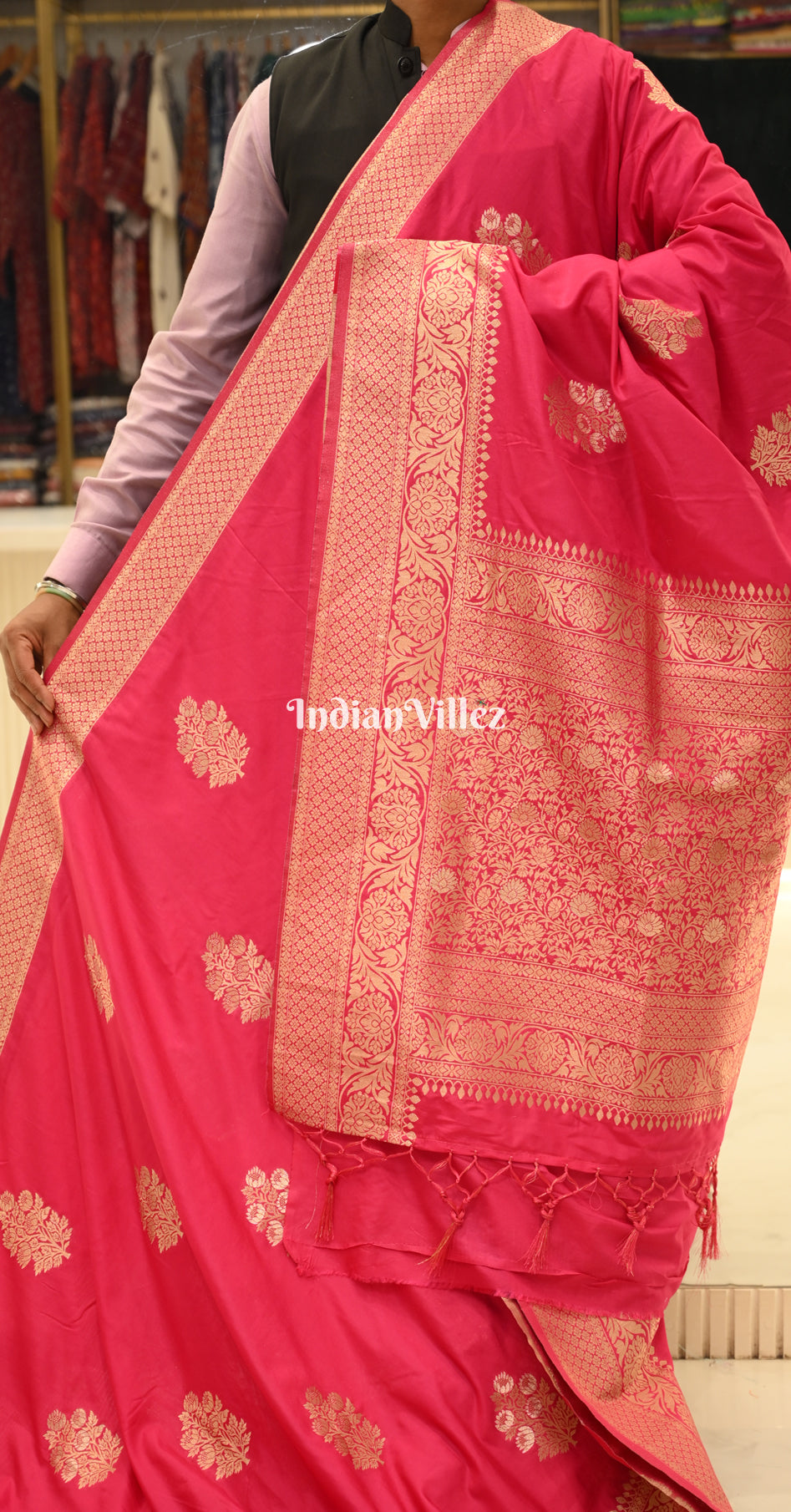 Rani Pink Pure Khaddi Gergette Banarasi with Nylon Weaving Saree