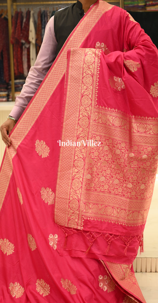 Rani Pink Pure Khaddi Gergette Banarasi with Nylon Weaving Saree