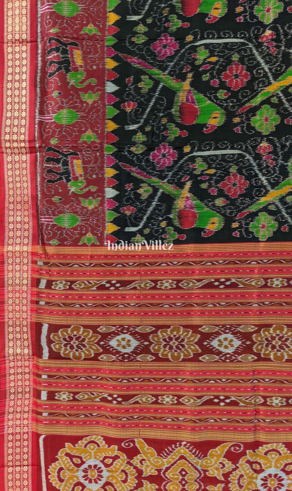 Black Parrot & Flower Design Khandua Silk Saree