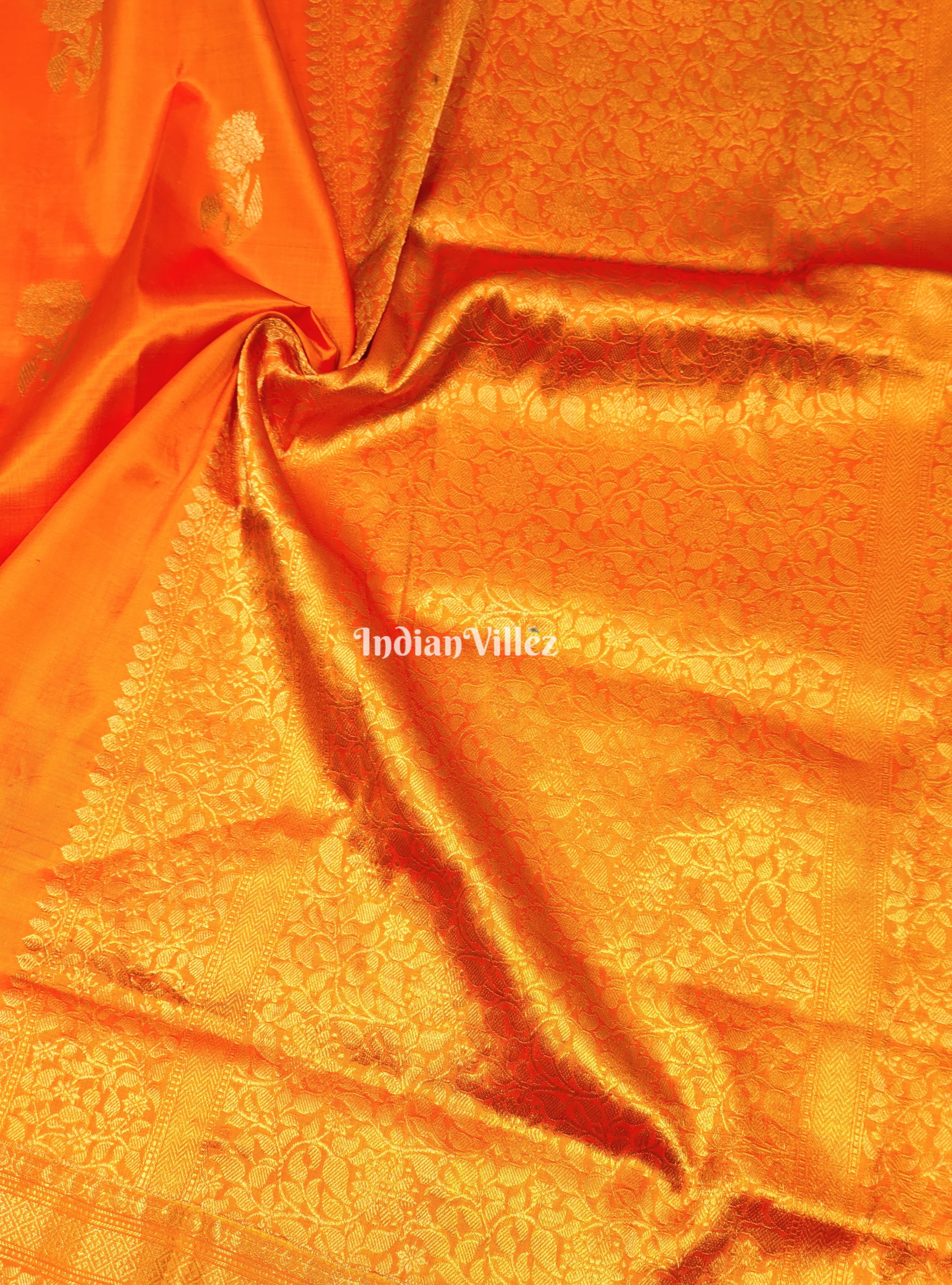 Orange Flower Motif Designer Pure Banarasi Katan Silk Saree