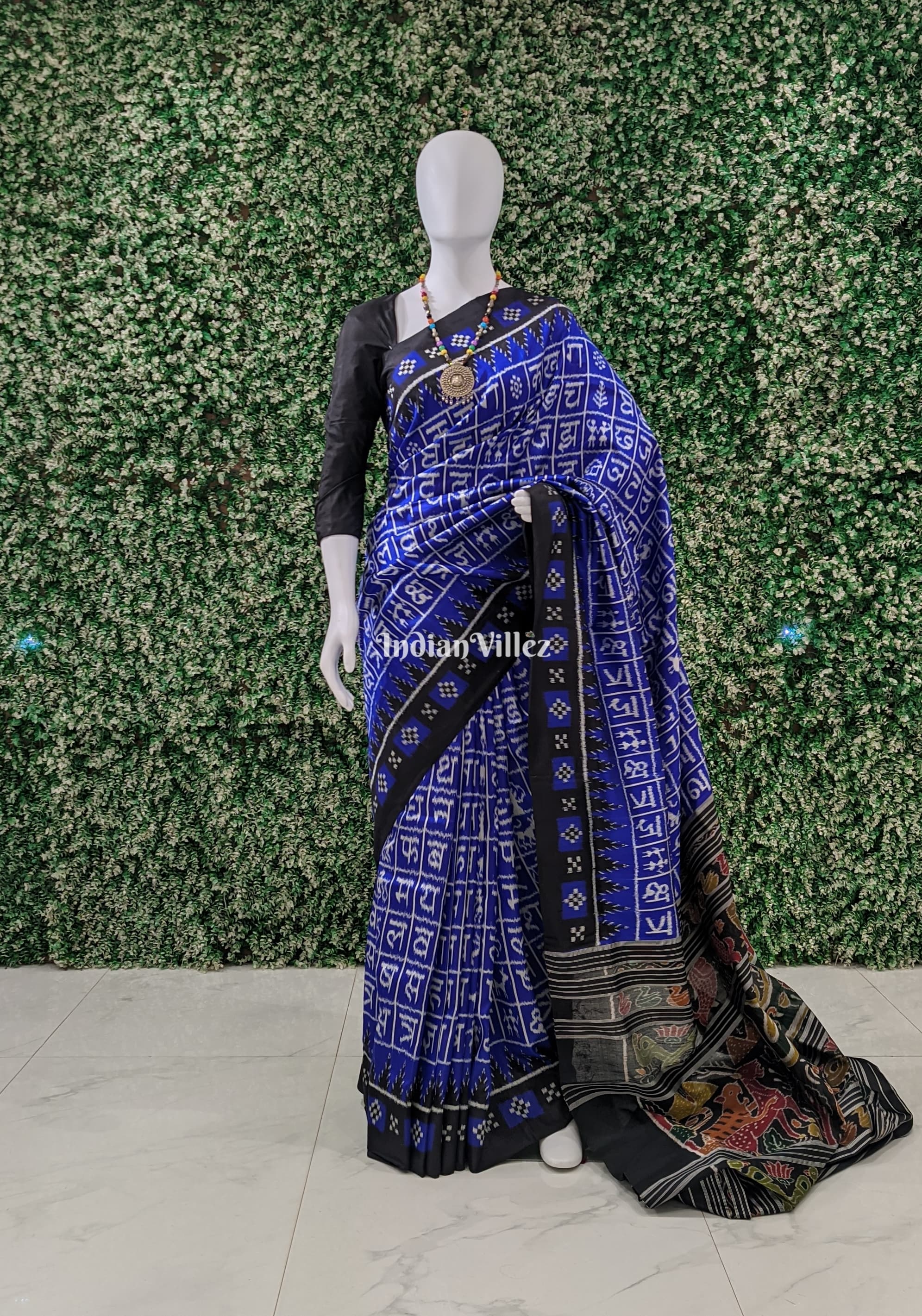 Blue Hindi Varnamala Contemporary Designer Silk Saree with Pasapali Border