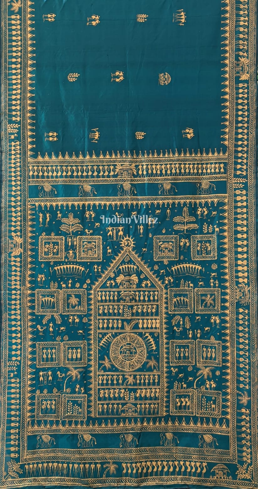 Peacock Blue Tribal Theme Pattachitra Silk Saree