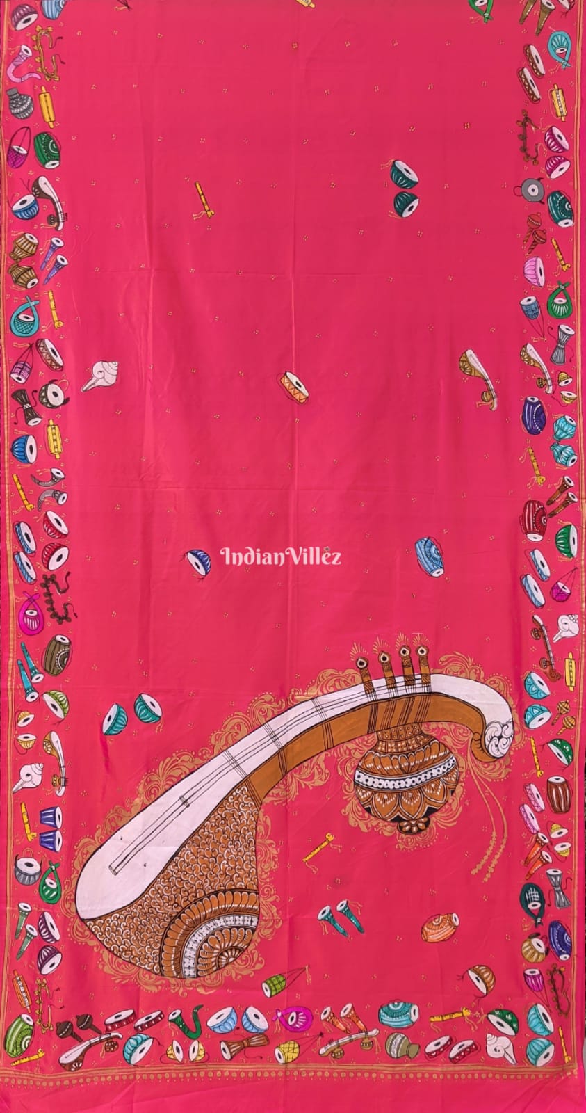 Neon Pink Veena Design Pattachitra Art on Pure Silk Saree
