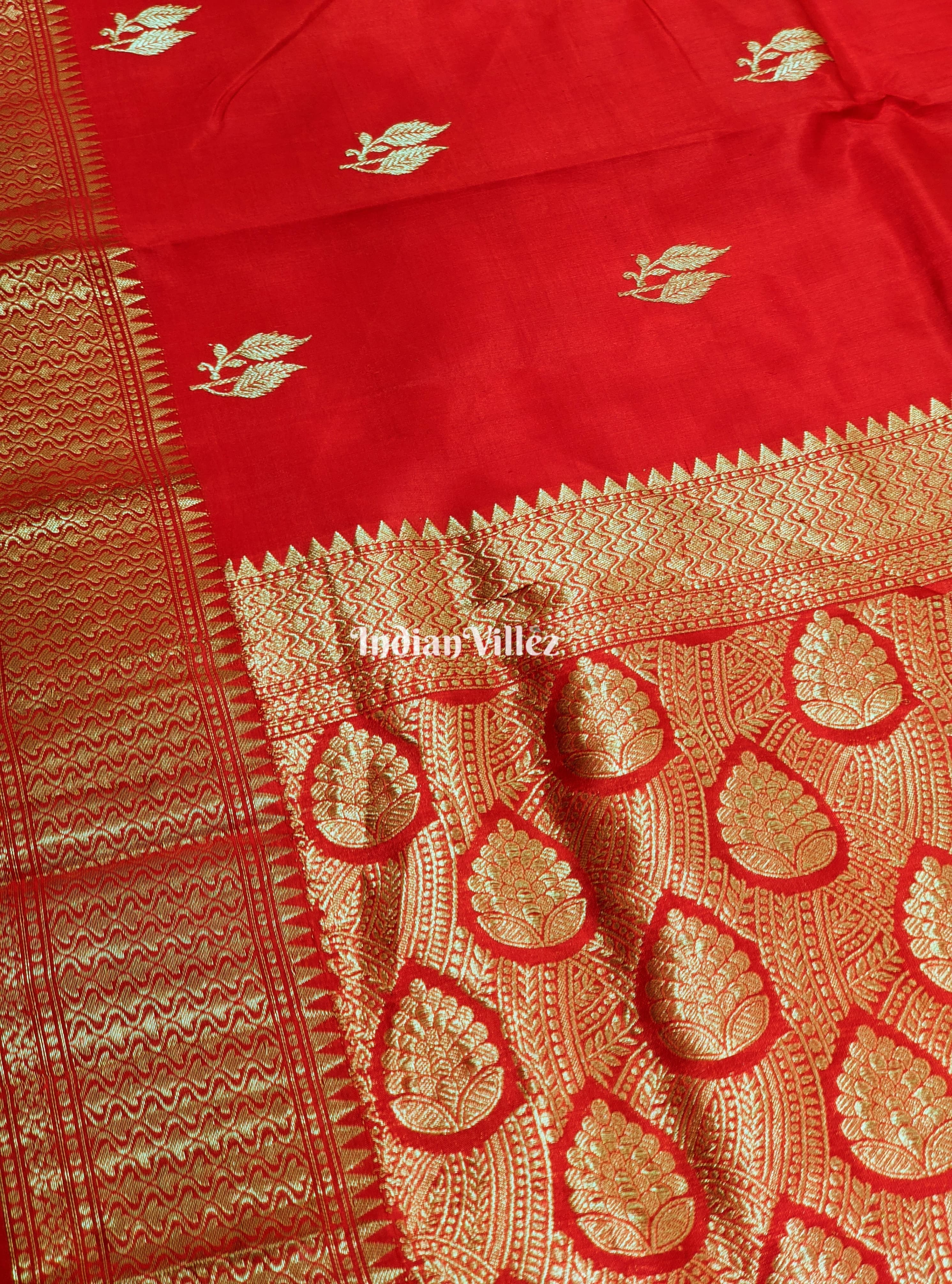 Red Leaf Motif Designer Katan Silk Banarasi Saree