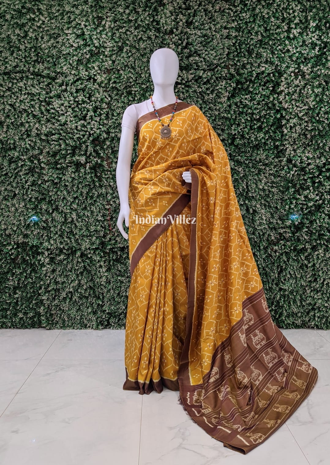 Mustard Yellow Boita Anchal Odisha Ikat Contemporary Silk Saree