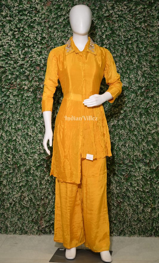 Designer Mustard Yellow Silk Kurta Embroidered Collar & Pant Set-(Co-Ords Set) 