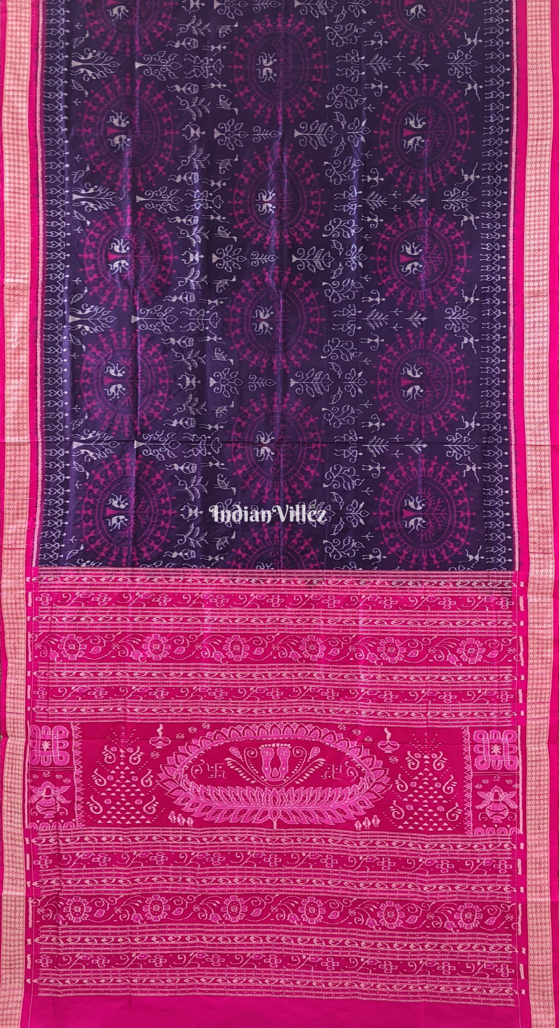 Navy Blue & Pink Tribal Theme Sambalpuri Silk Saree