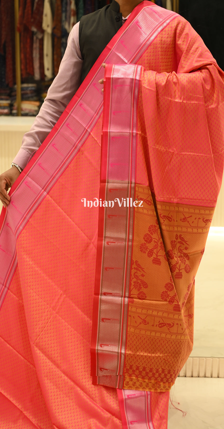 Rani Pink Orange Kanjivaram Silk Saree