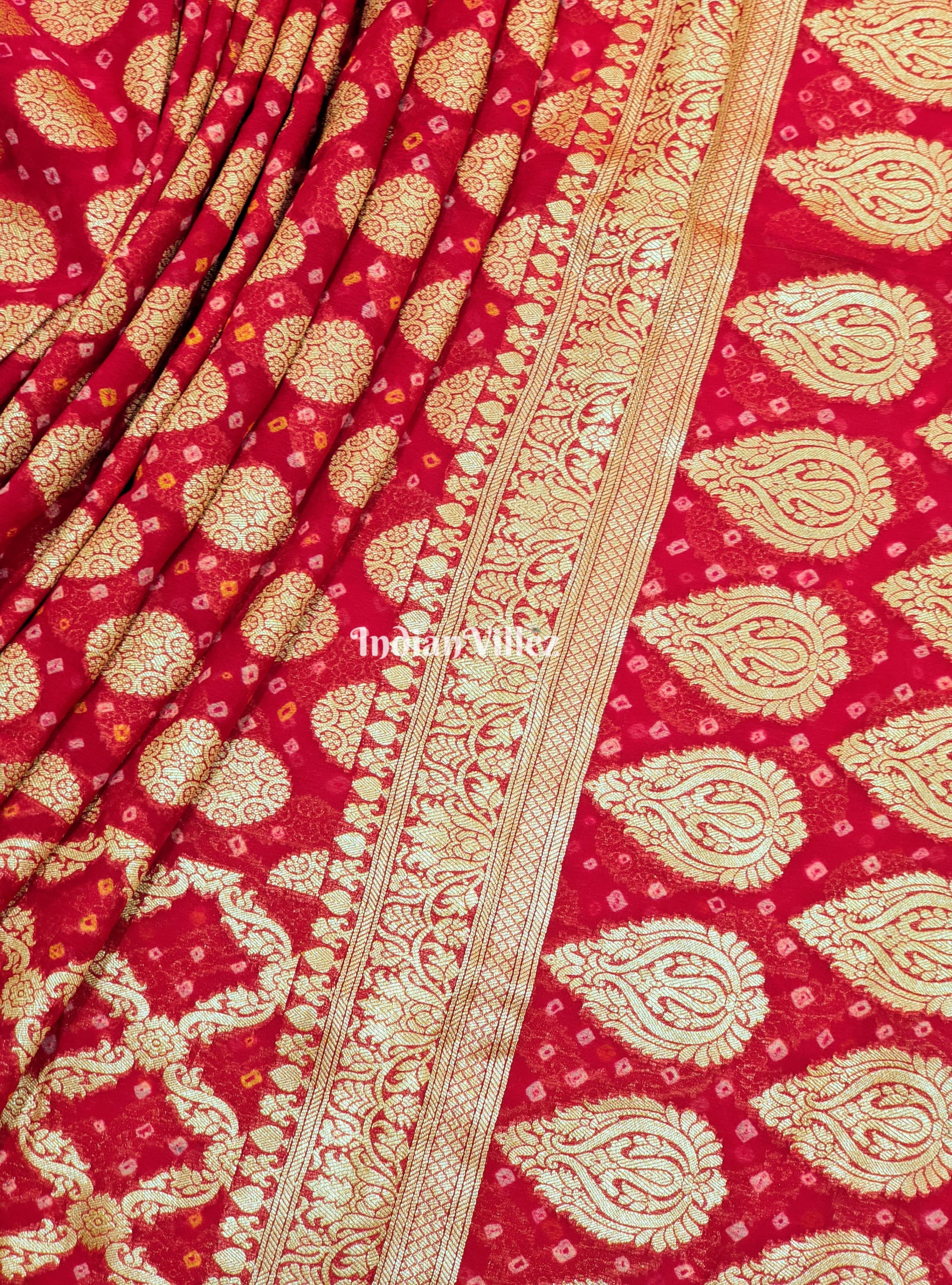 Red Pure Georgette Banarasi Silk Saree