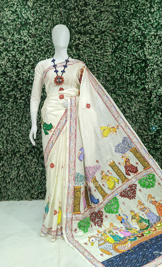 White Krishna Boita Hand-Painted Pattachitra Saree