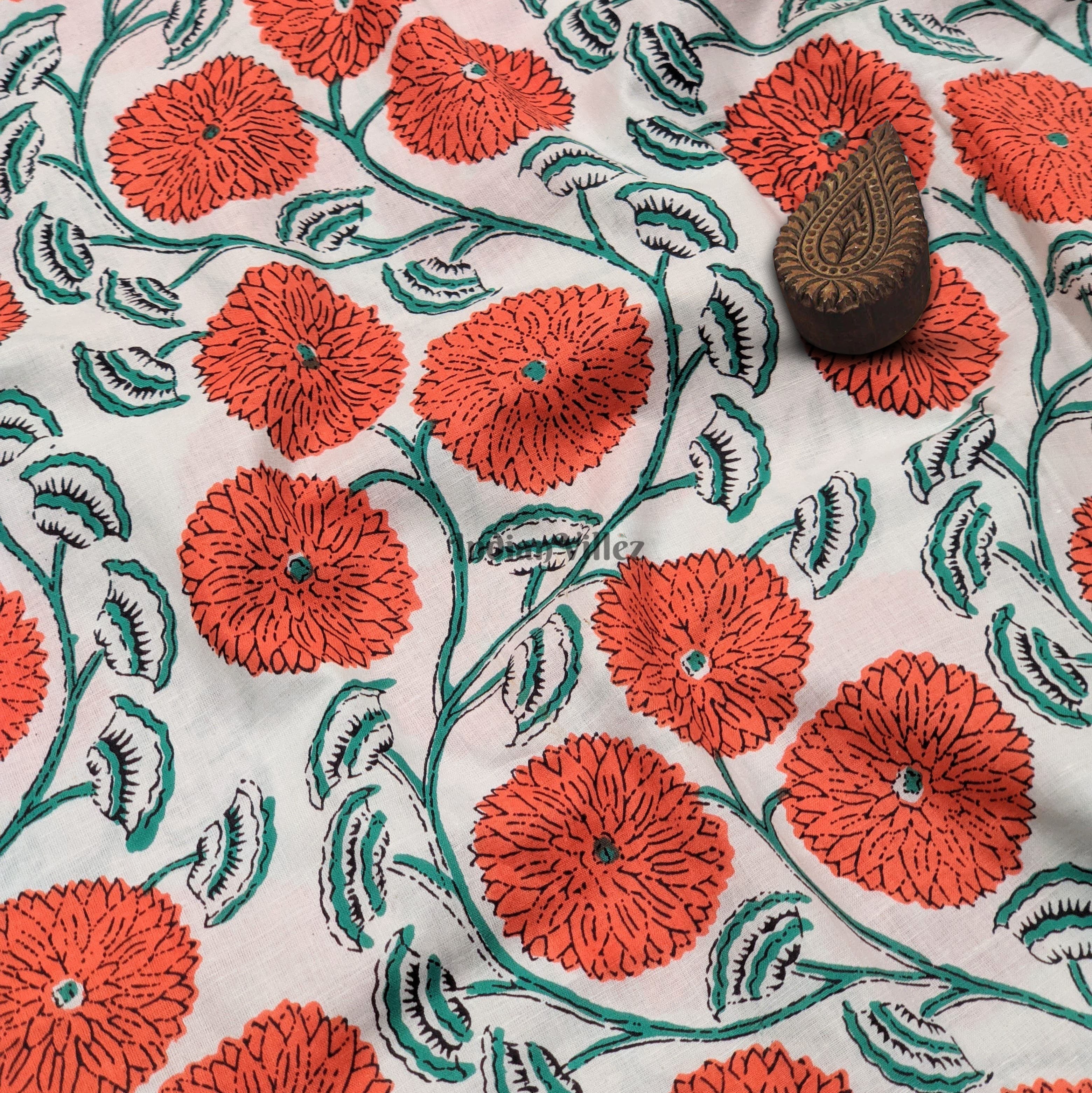 White Red Floral Hand Block Printed Cotton Fabric