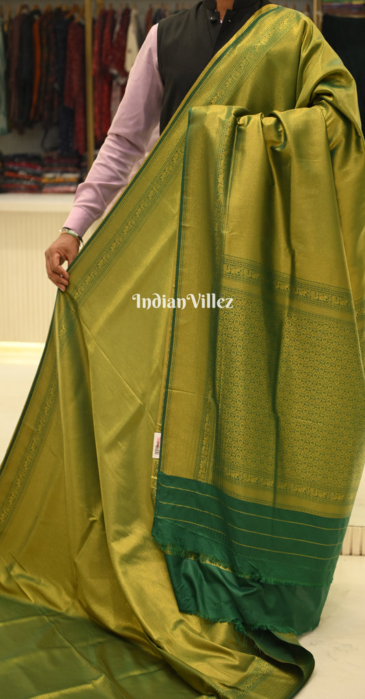 Olive Green Golden Kanjivaram Silk Saree with Brocade Pallu