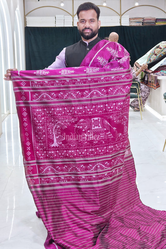 Magenta Pink Tree Motif Odisha Ikat Contemporary Designer Saree with Elephant Anchal