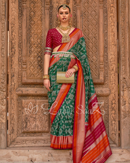 Bottle Green Patola-Inspired Pochampally South Silk Saree