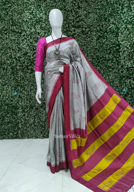 Silver Grey With Maroon Designer Odisha Ikat Contemporary Silk Saree