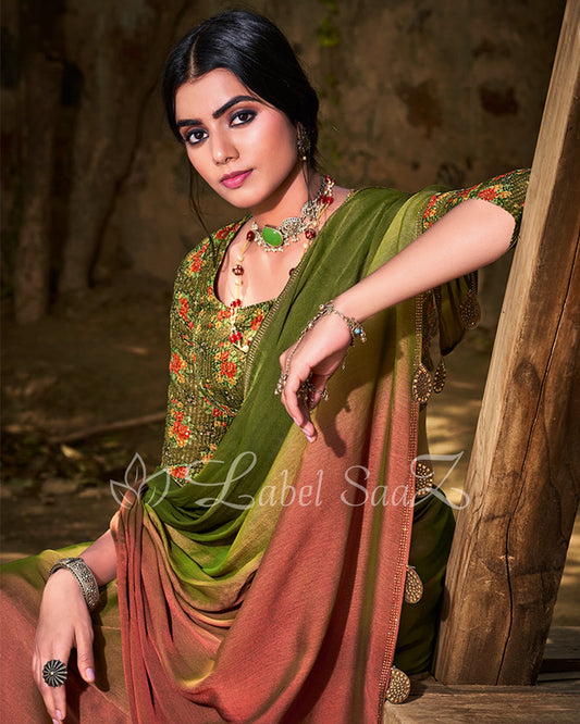 Green Mehendi Rust Chiffon Saree with Floral Blouse 