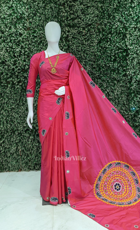 Rani Pink Applique Work Hand Embroidered Saree