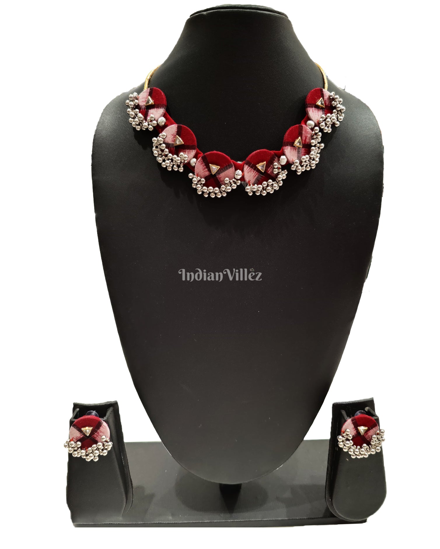 Red White Coin Shape Sambalpuri Fabric Choker Jewellery - Necklace & Earrings Set