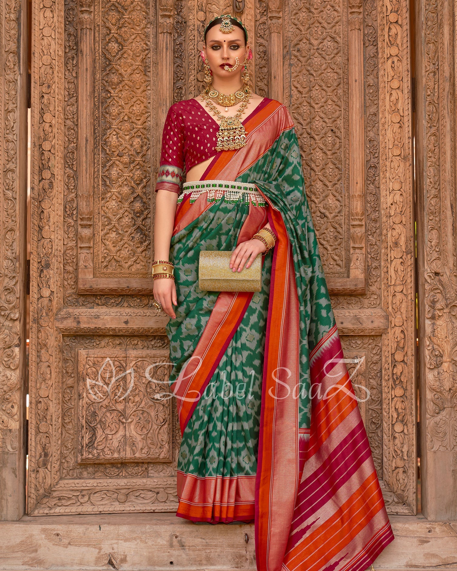 Green Orange Pochampally Kanjivaram soft Silk Saree