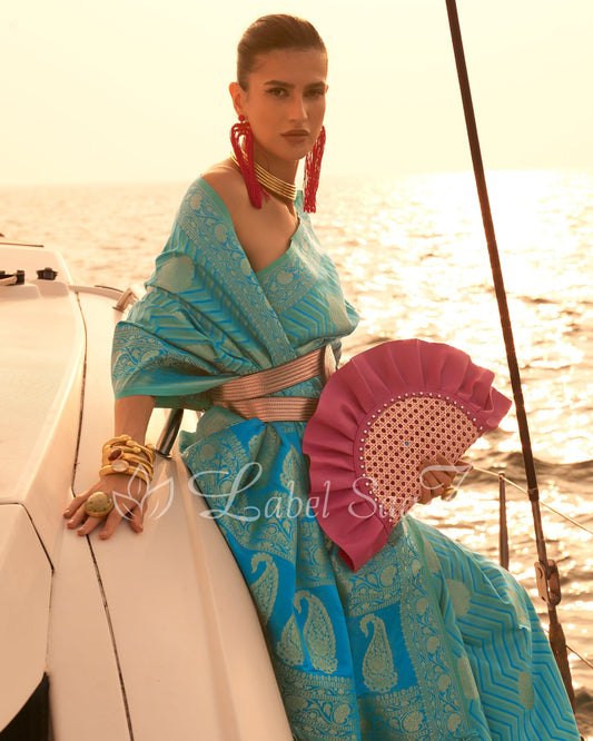 Sky Blue Two Tone Leheriya Banarasi Satin Silk Saree