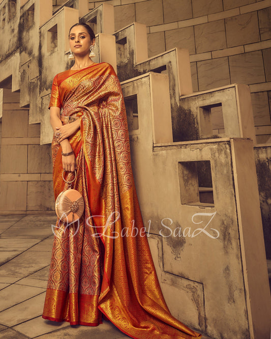 Orange Multicolor Kanjivaram Rich Zari Weaving Silk Saree - Exclusive Bridal Collection
