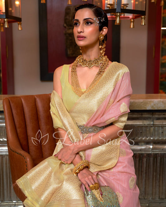Peach Pure Multicoloured Linen Banarasi Saree