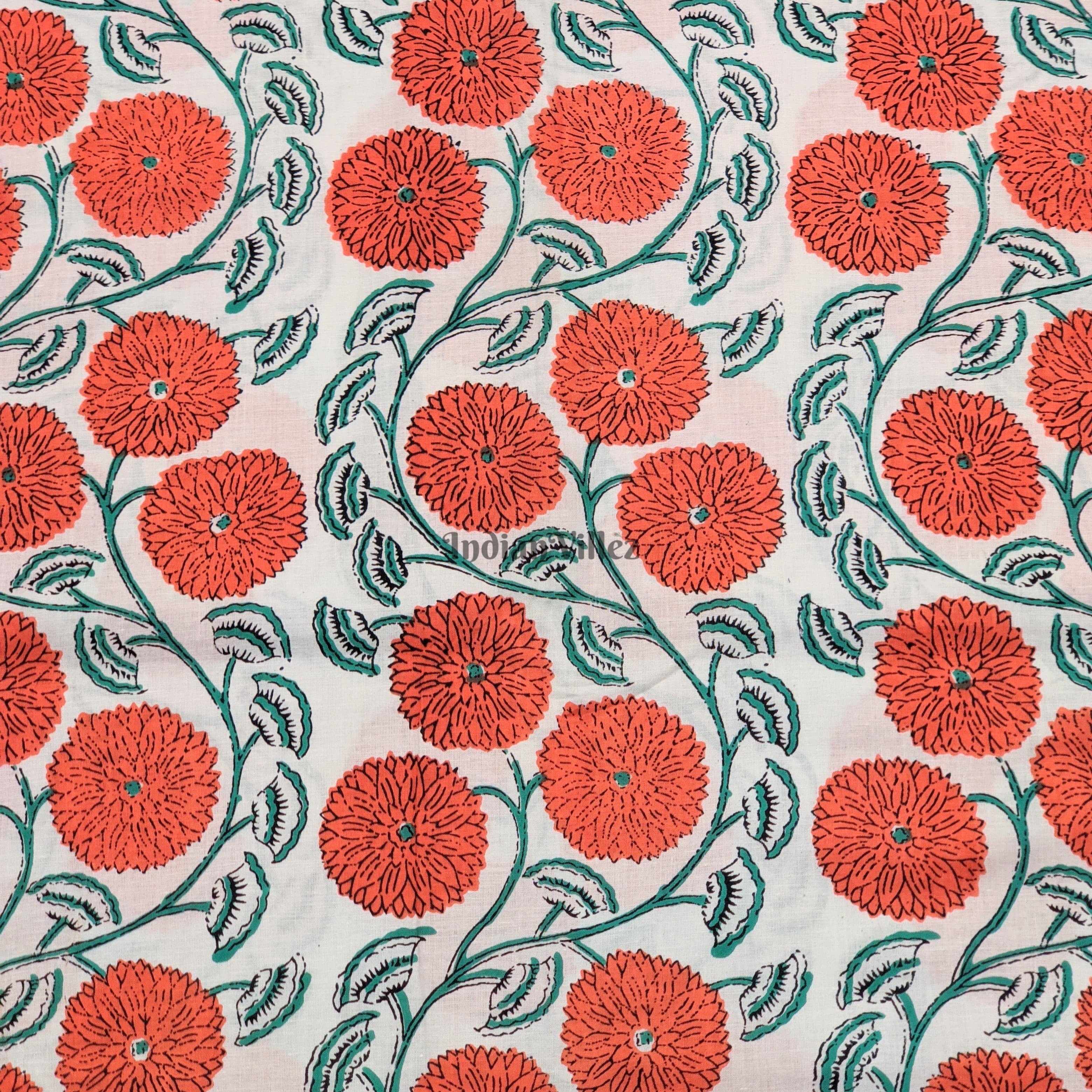 White Red Floral Hand Block Printed Cotton Fabric