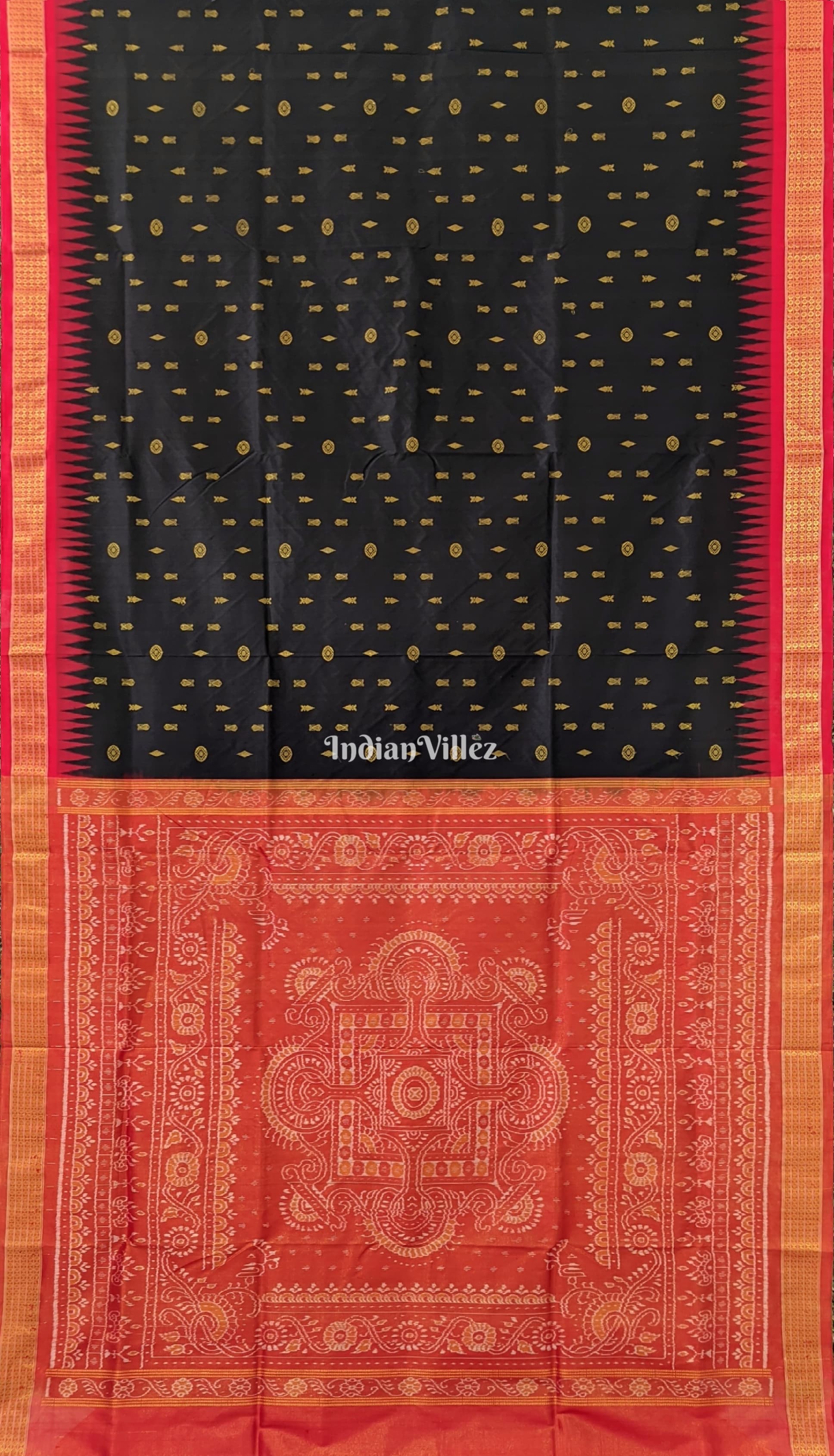 Black Red Fish Motif Sambalpuri Silk Saree with Tissue Anchal
