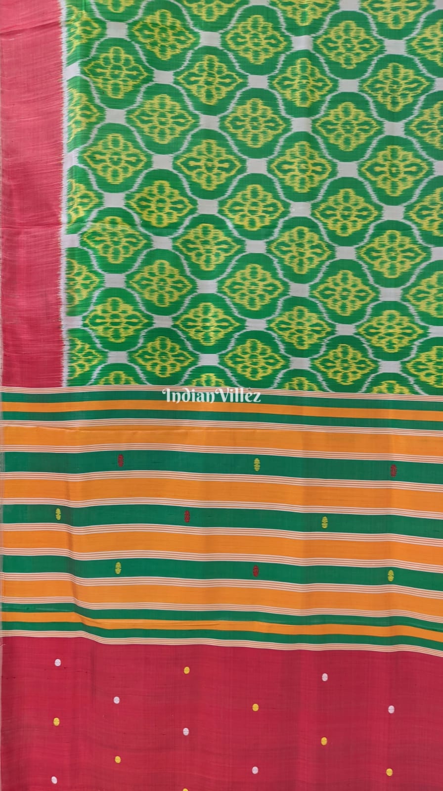 Parrot Green Scarlet Red Odisha Ikat Contemporary Silk Saree