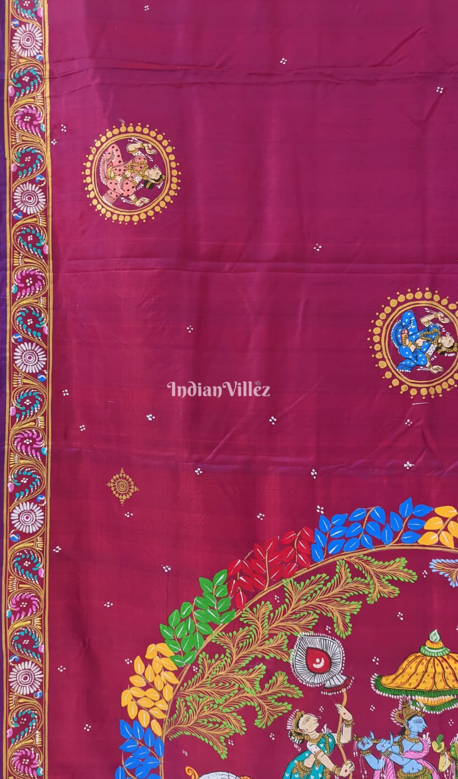 Maroon Radha Krishna Pattachitra Art Pure Silk Saree