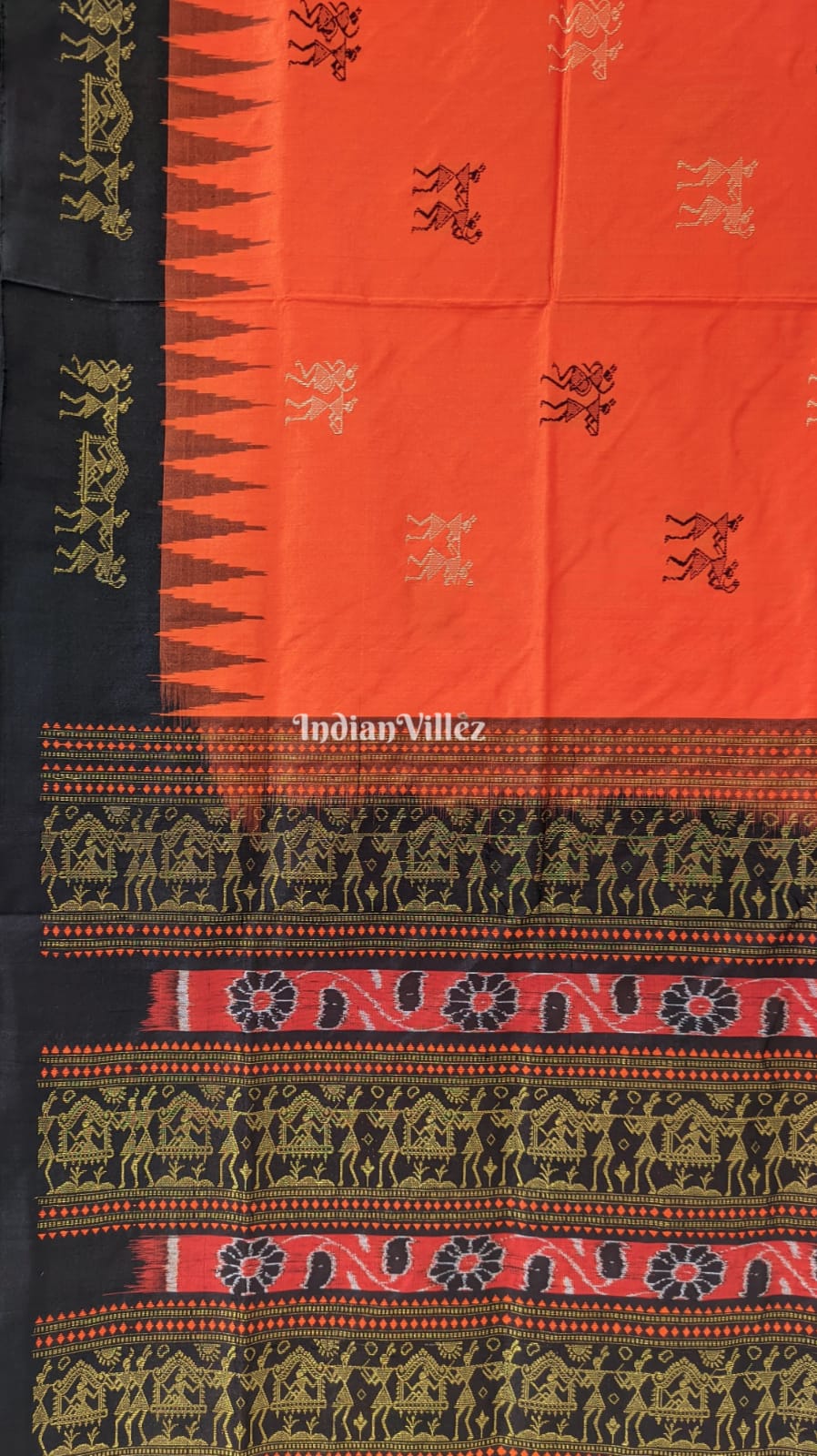 Orange Black Bomkai Sambalpuri Ikat Silk Saree with Tissue Work