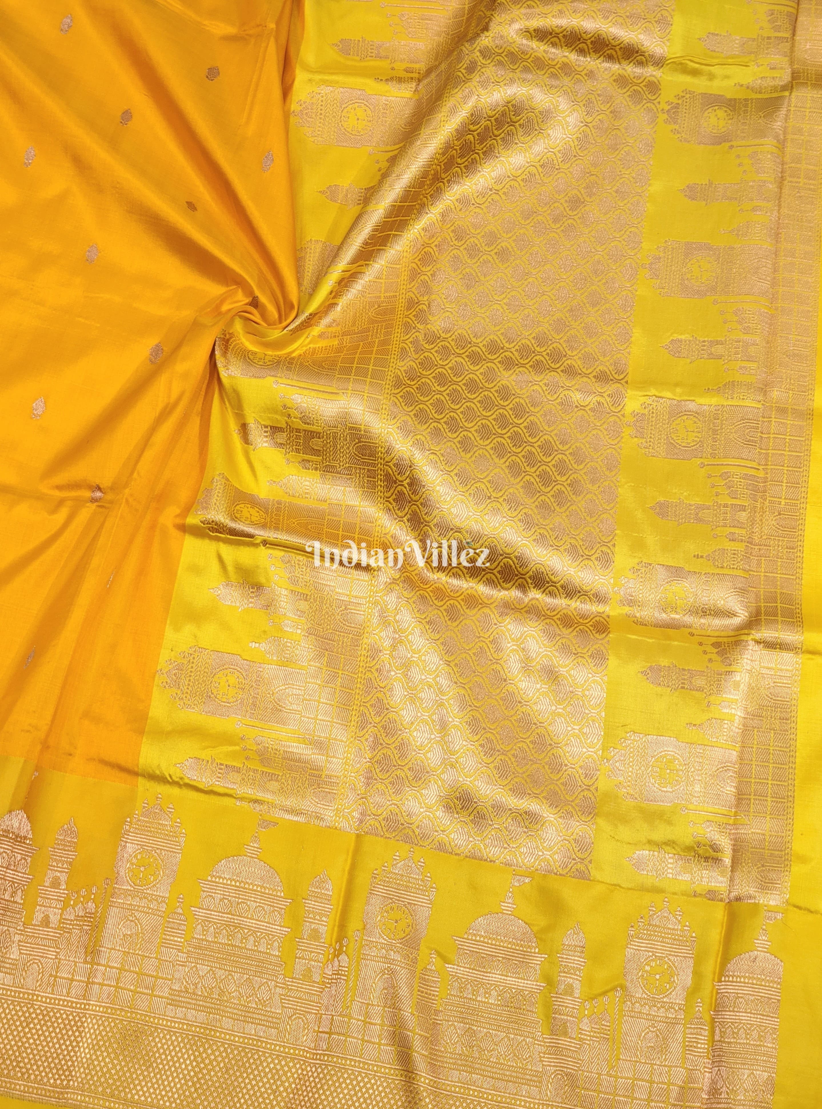 Yellow Banarasi Katan Silk Saree Inspired by Big Ben, London & United States Capitol, Washington DC