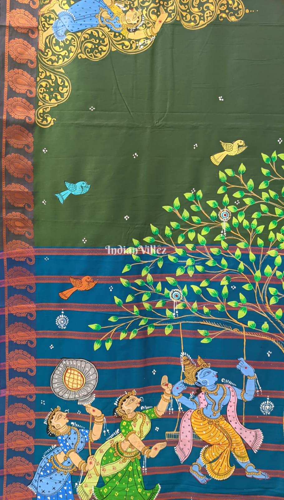 Jungle Green Krushna Leela Pattachitra Art on Kerala Silk Saree