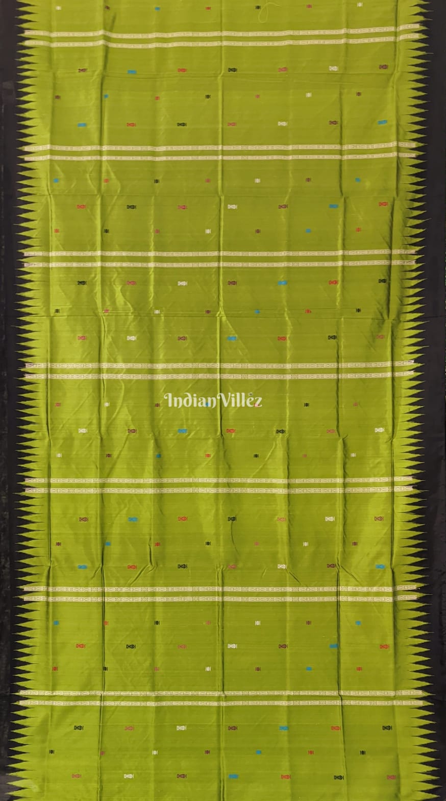 Parrot Green Fish Motif Odisha Ikat Bomkai Silk Saree
