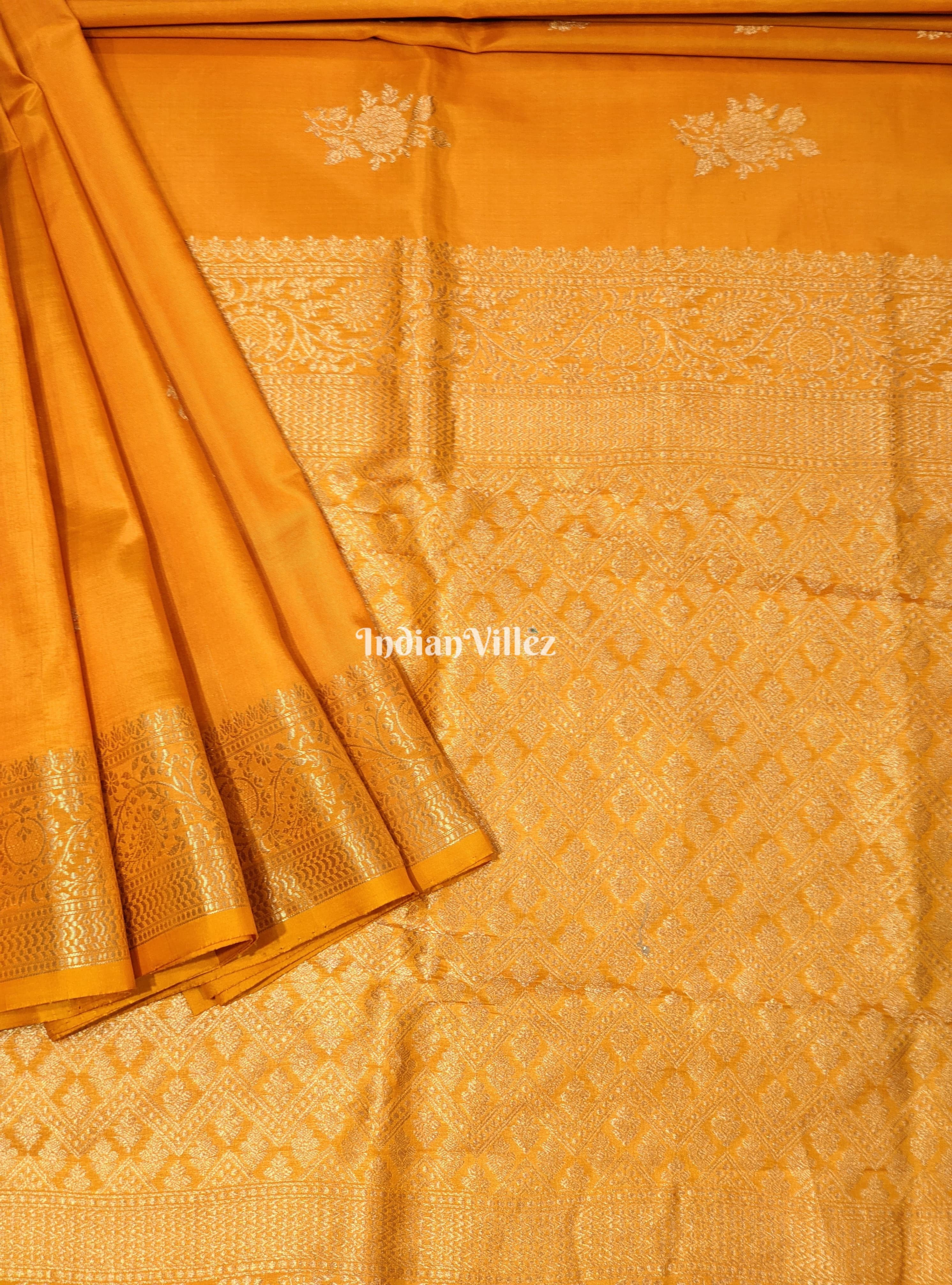 Yellow Floral Motif Designer Katan Silk Banarasi Saree